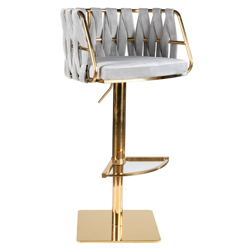 Gray Velvet Adjustable Swivel Bar Stool with Gold Steel Base