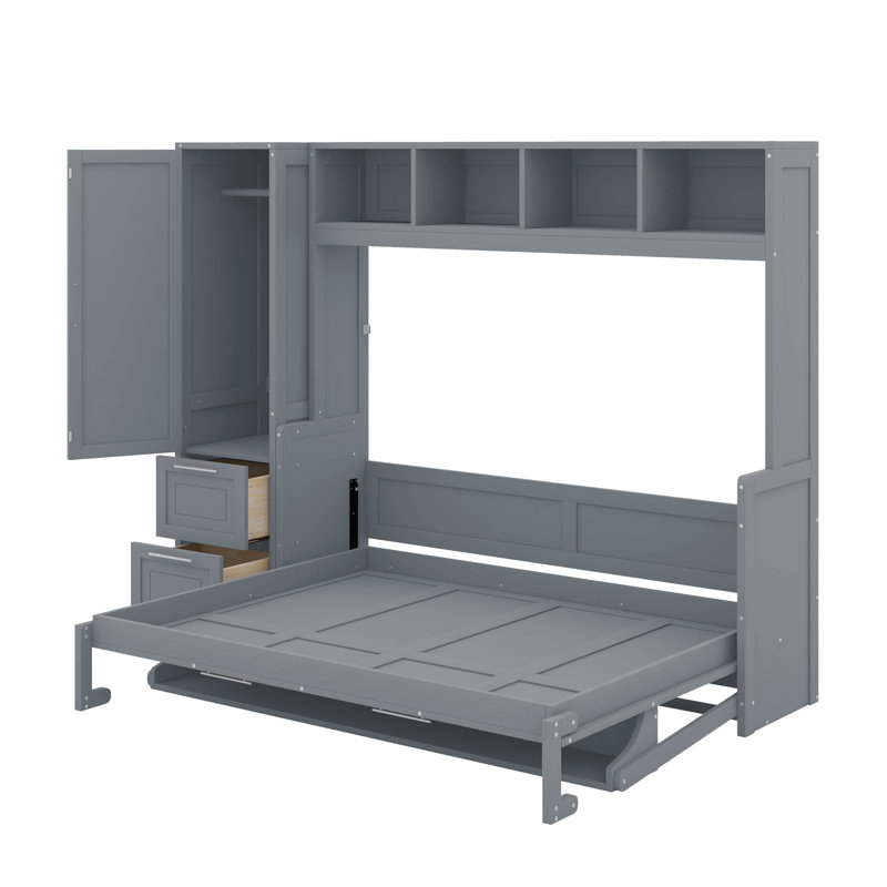Lit escamotable double avec placard et tiroirs, Gris