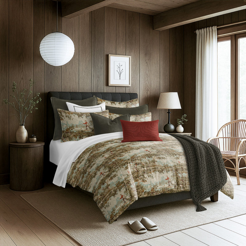 Greenwood Ivory/Red Linen Duvet Cover Set, King Duvet + 2 Queen Shams