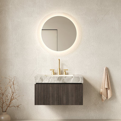 Meuble-lavabo et lavabo 30 po, armoire de rangement en contreplaqué flottant avec tiroir et porte, plateau en pierre frittée gris clair et lavabo en céramique avec 3 trous de robinet pré-percés, pré-assemblé, couleur grain de bois espresso