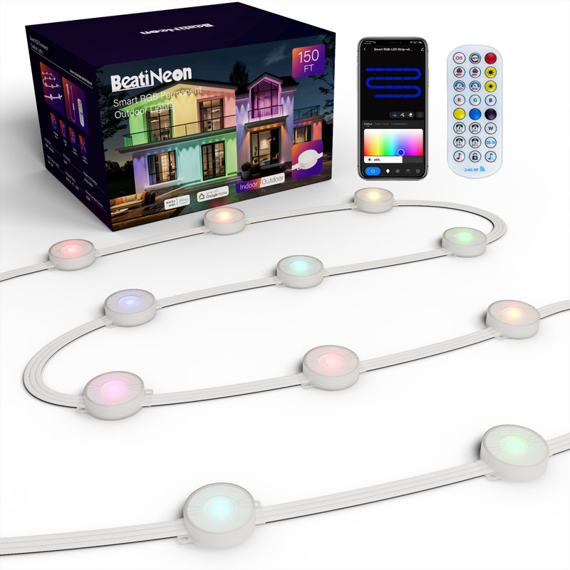 150Ft RGB+IC Permanent Outdoor Lights, Smart Christmas Light, 90 LEDs Individual Control, IP68 Waterproof Eave Lighting for House Holiday, App & Remote Control, Works with Alexa, Google Assistant