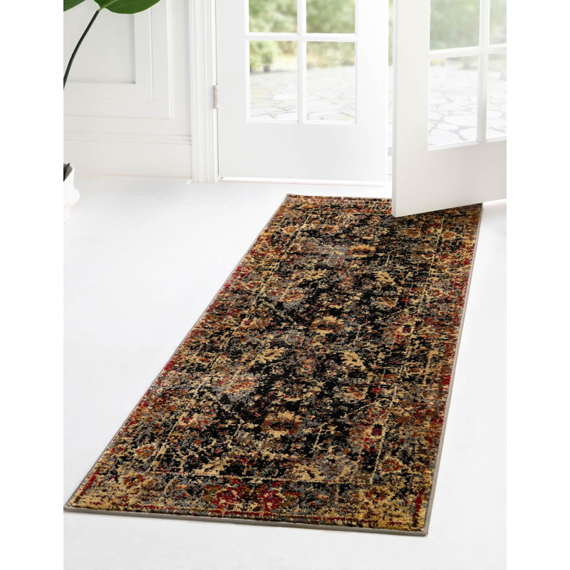 Tapis abstrait noir / jaune / rouge Alameda, Tapis de couloir 2 pi 2 po x 12 pi