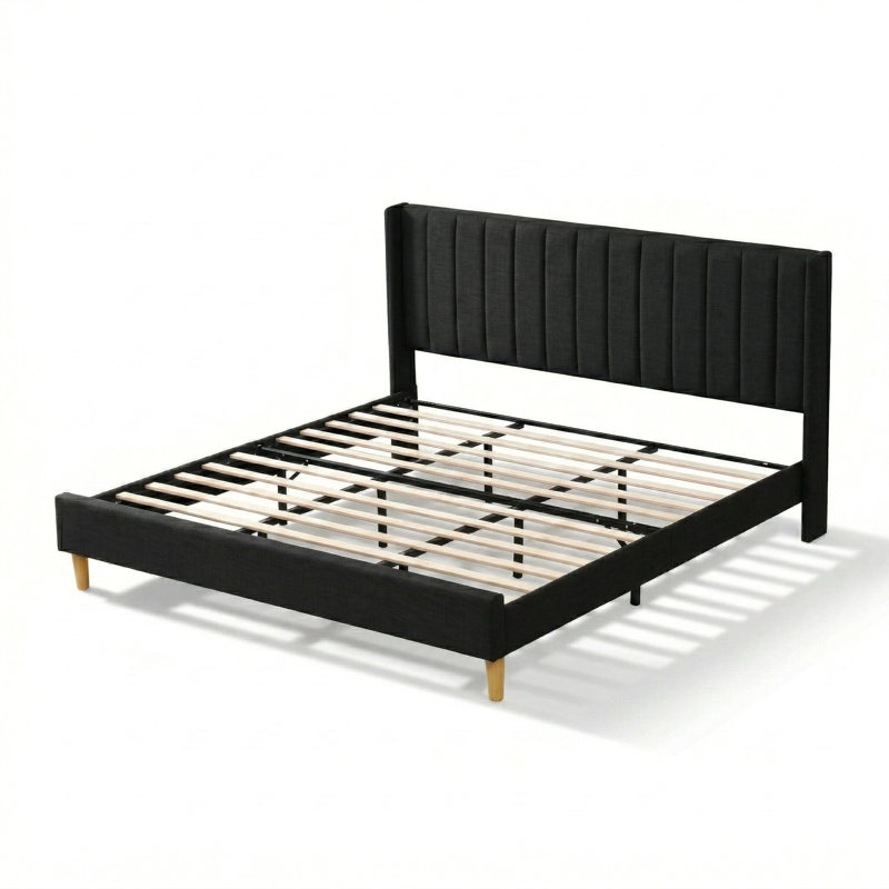 Base de lit tapissier avec tête de lit à oreilles Deeb, Très grand, Velours noir