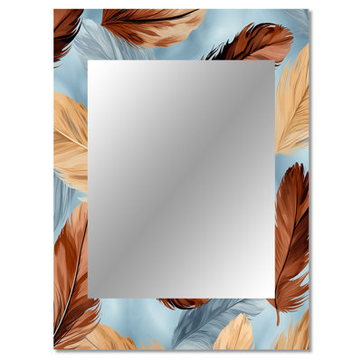 Retro Boho Feathers In Blue And Orange II - Feathers Wall Mirror, Brown Decorative Mirror, Printed Metal Art