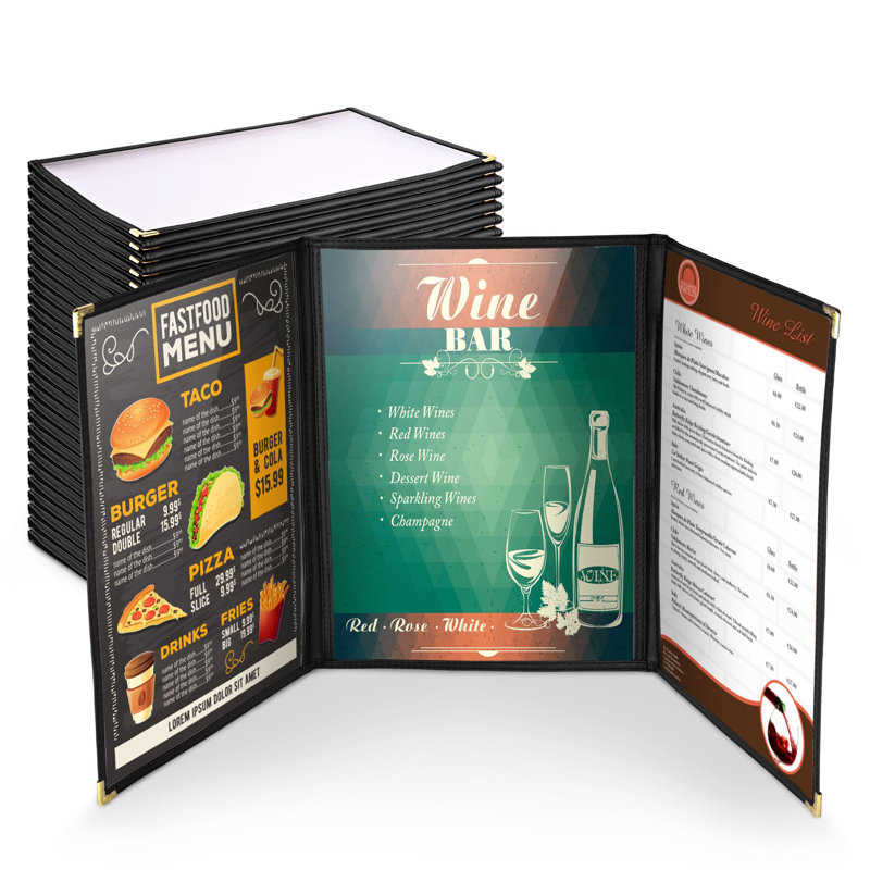WeChef, paquet de 30, housse de menu, pli triple, 6 vues, garniture double point pour papier de café transparent de 8,5 x 11 po noir