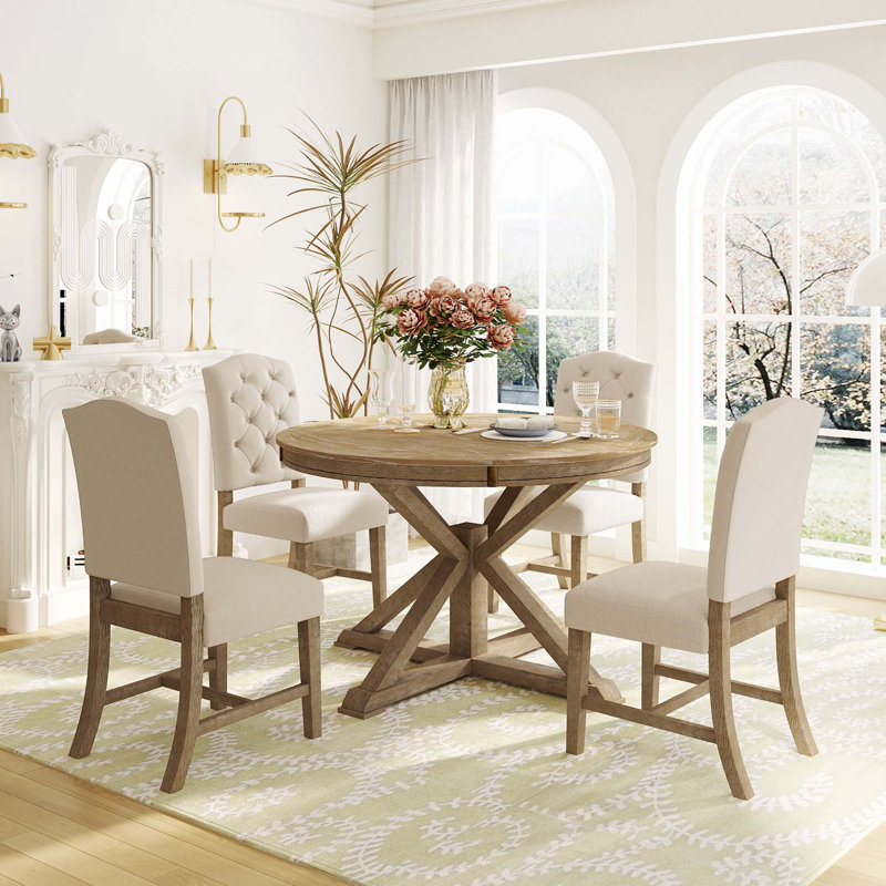 Retro Style Dining Table Set With Extendable Table, Natural Wood Wash