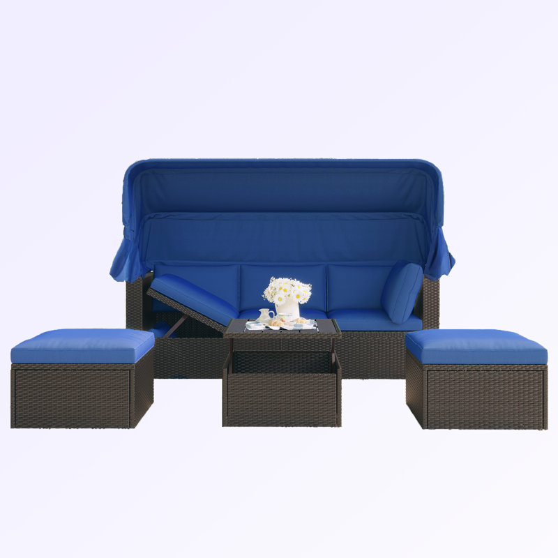 Ensemble de conversation en osier pour 5 personnes avec coussins Amaras Polyéthylène (PE), Bleu