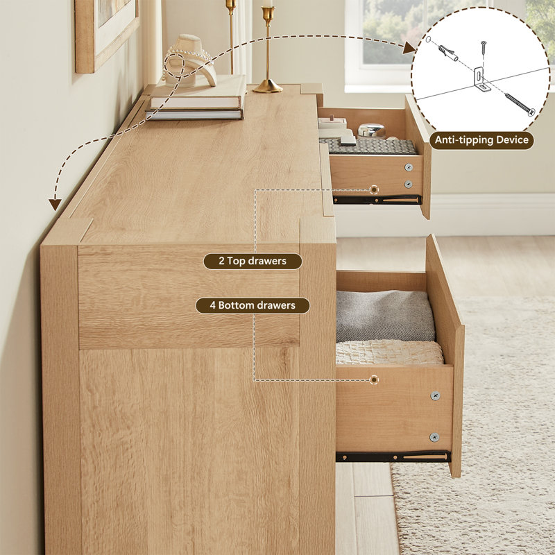 Coiffeuse à 6 tiroirs, coiffeuse moderne sans poignée., Natural Oak