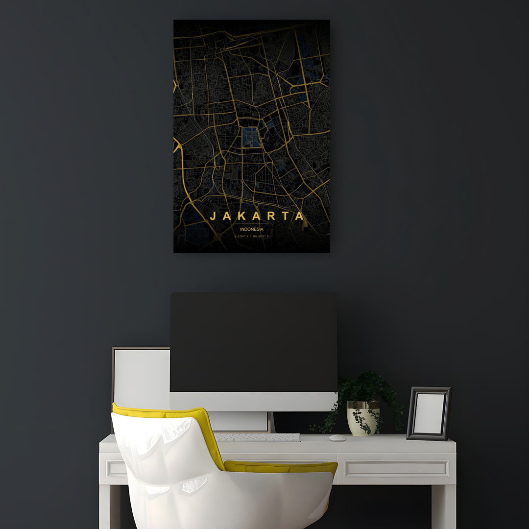 Golden Jakarta Map Abstract Minimalist Modern City Wall Art Print