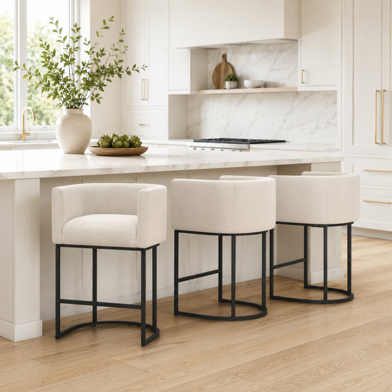 Upholstered Counter Height Stool with Metal Frame (Set of 2), 2, Linen Seat/Black Frame