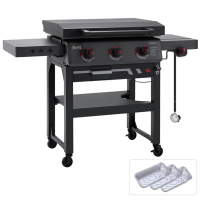 FEASTO 28" Propane Heavy-duty Gas Griddle with Side Burner & Hood, 3-Burner Outdoor Flat Top Grill, 37,500 BTU,  Foldable Side Shelf, Grease Cup & Foil Liners for Backyard BBQ