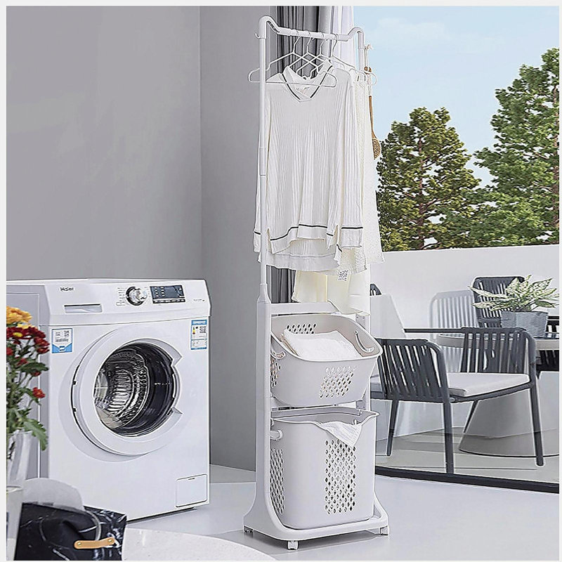 2-Tier Laundry Hamper Sorter with Hanging Bar, Rolling Laundry Baskets with Wheels Removable, Stackable Laundry Cart Organizer and Storage for Small Space, Dorm, Closet, Bathroom