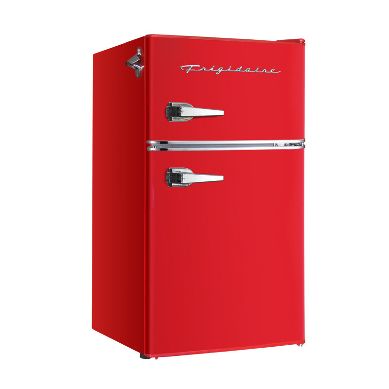FRIGIDAIRE Retro 2-Door Compact Fridge Freezer Combo, 3.1 Cu. Ft., Stainless Steel, Built-in Bottle Opener, Red