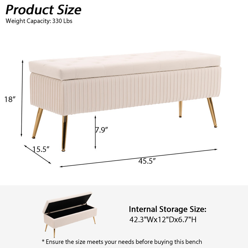Velvet 46" Wide Storage Bench for Bedroom End of Bed Window Living room, Ivory