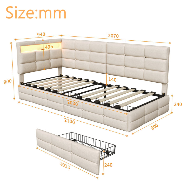 Upholstered Daybed with Drawer Storage, Beige, European Single (90 x 200 cm)