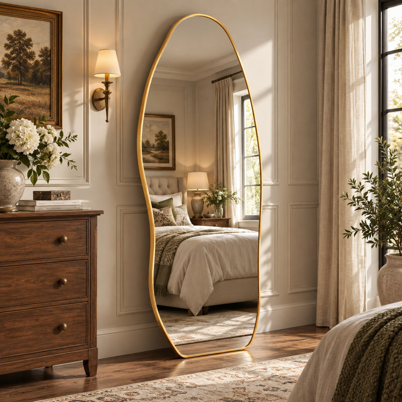 Irregular Full Length Mirror, Modern Asymmetrical Floor Mirror with Stand, Freestanding & Wall-Mounted Dressing Mirror, Gold