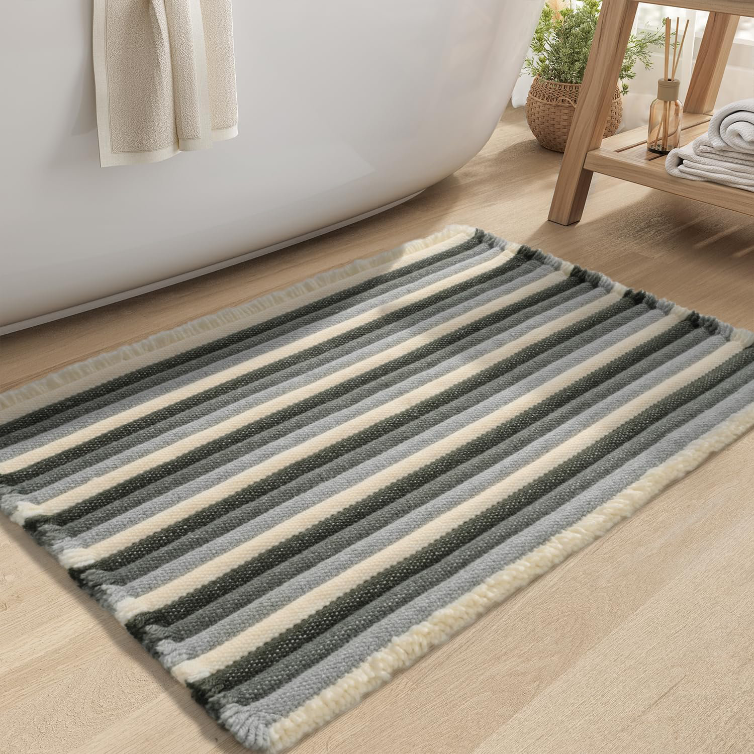 FETLOD Striped Bath Mat Rug, Super Absorbent Non Slip Bath Mats