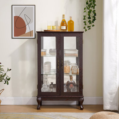 Armoire en cerisier avec portes en verre trempé, armoire de présentation avec panneau arrière en miroir et tablettes réglables