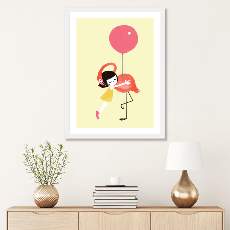 Flamingo Hug par Big Nose Work - impression d'art graphique, Blanc, H 32 po x l 24 po x P 1 po, Papier encadré blanc