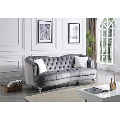 Stylish Gray Suede With Deep Tufting And Contrasting Accent Soft Velvet Cushions