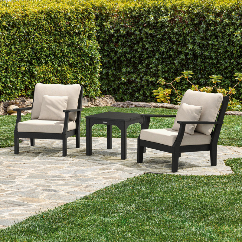 Chinoiserie 2 - Person Outdoor Seating Group with Cushions, Black, Natural Linen Revolution® Microfiber