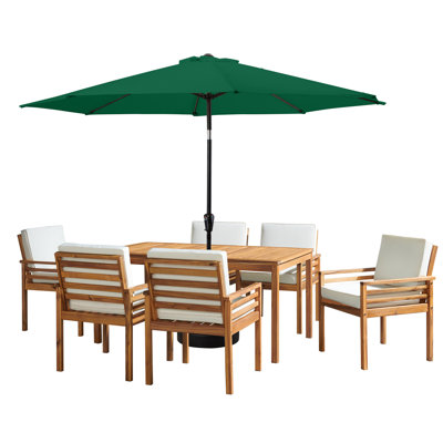 Arjay 8 Pc Patio Dining Set Wood One 63" Table Chairs With Cushions And 1 10-Foot Tilt Umbrella