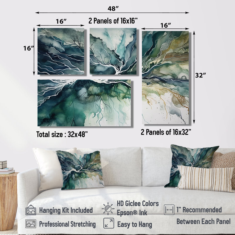 Vert et bleu marbré Dreamscape II - art mural moderne 4 pièces, Toile tendue, Ne s’applique pas