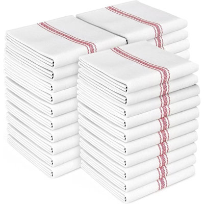 Linges de cuisine classiques - Ensemble de 30 serviettes en coton 100% naturel, débarbouillettes réutilisables, linges à vaisselle absorbants, essuie-mains lavables à la machine, articles de cuisine essentiels - 14 po x 25 po - Rayures rouges