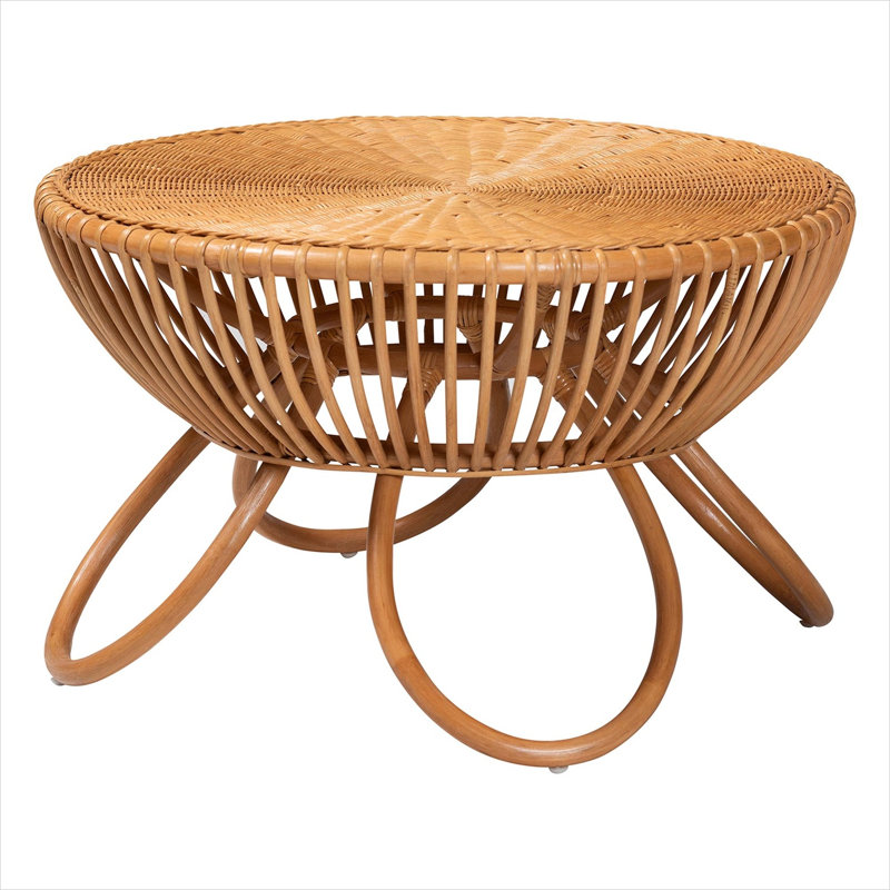 Table basse ronde avec pieds évasés, rotin naturel tissé, largeur ajourée de 31,5 po, conception ajourée légère