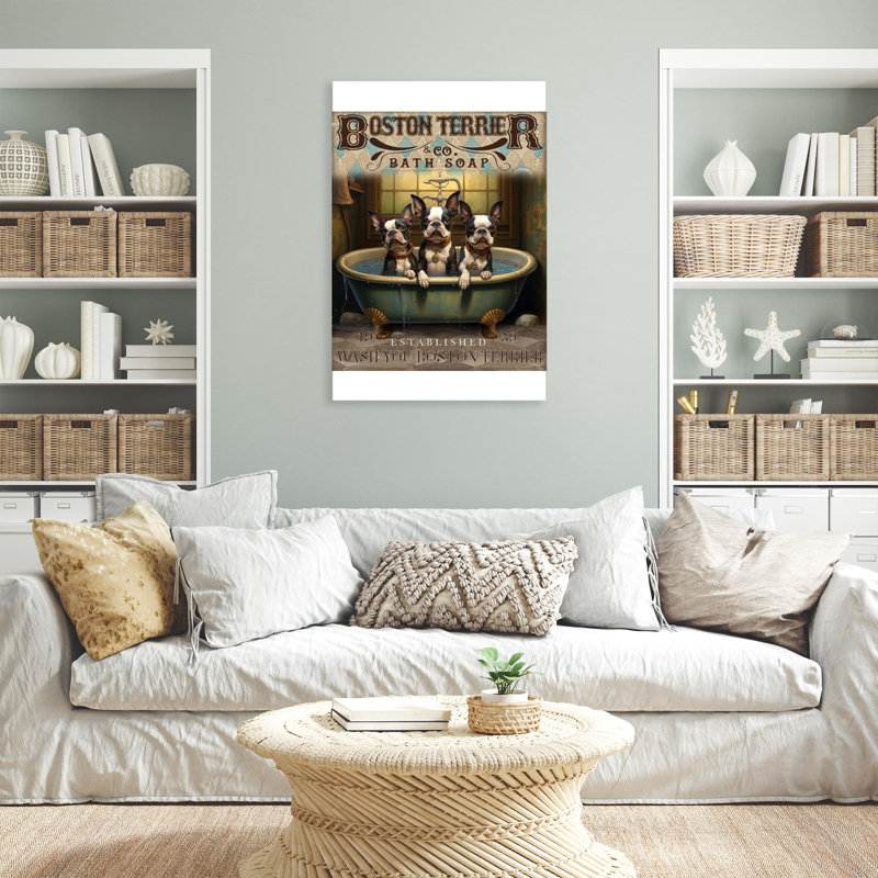 «Boston Terrier Bath Soap», reproduction d'art rectangulaire sur toile tendue 1 pièce, H 36 po x l 24 po x P 1,25 po