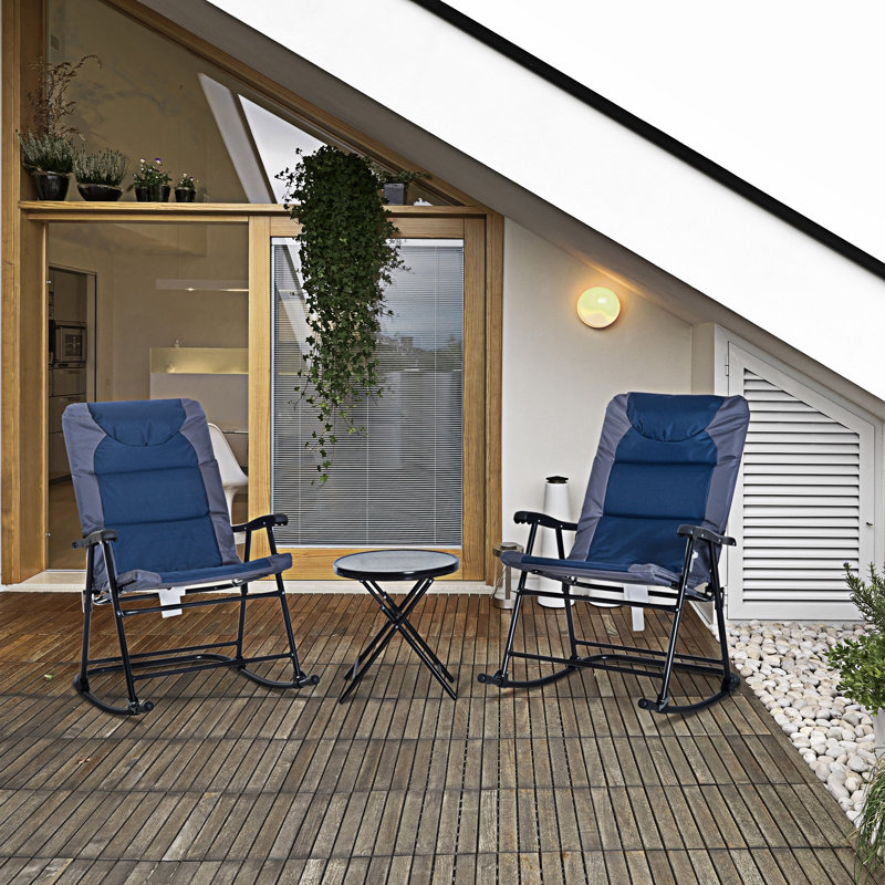 Ensemble de mobilier d'extérieur 3 pièces avec table basse en verre et 2 chaises berçantes pliantes et rembourrées