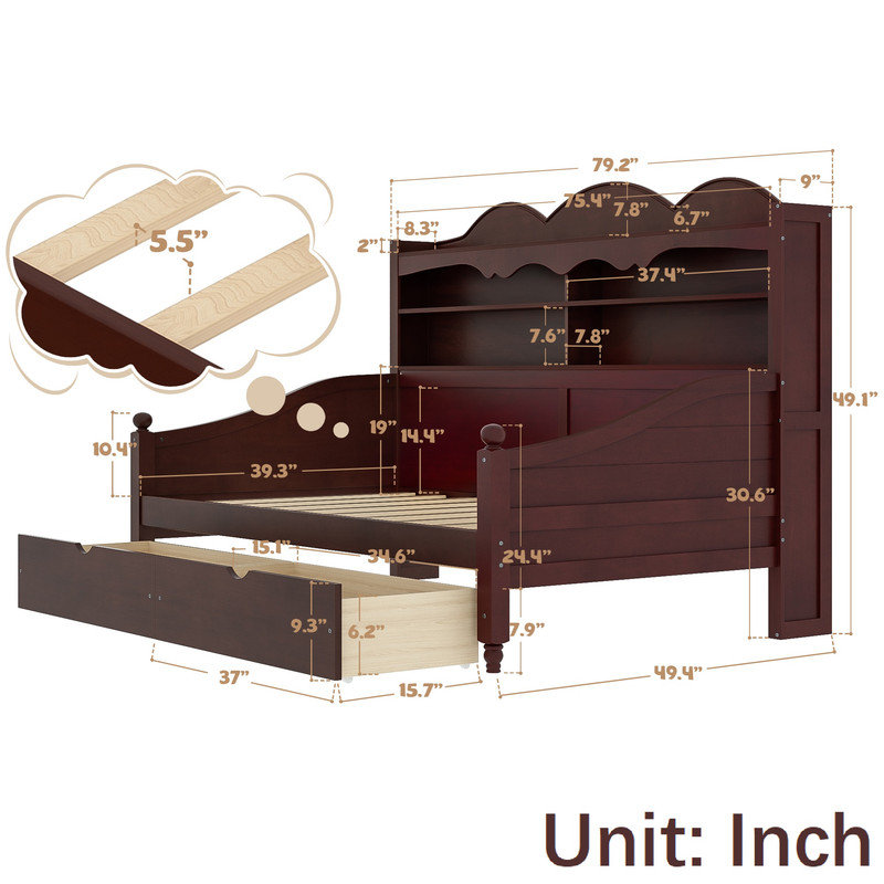 Wooden Day Bed, Twin Daybed with Storage, Espresso