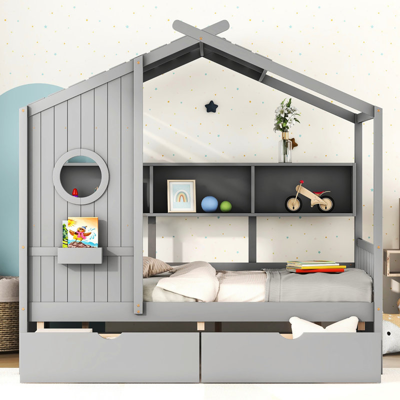 Lit double en bois de style maison, gris, 2 tiroirs, tablette pour, espace de sécurité, lit gris avec forme, tiroirs et anneaux de rangement, structure en pin