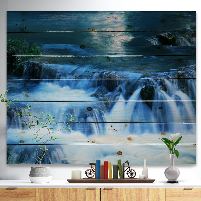 Belles petites chutes bleues - Photographie sans cadre sur bois, H 24 po x l 36 po x P 1 po