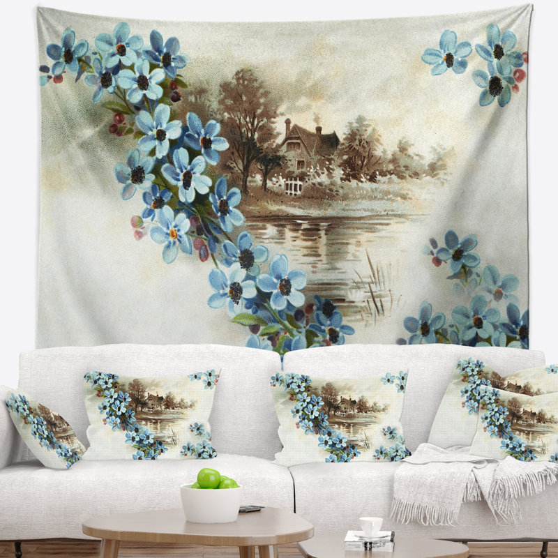 Tapisserie d'illustration de fleurs bleues Floral, H 32 po x l 39 po