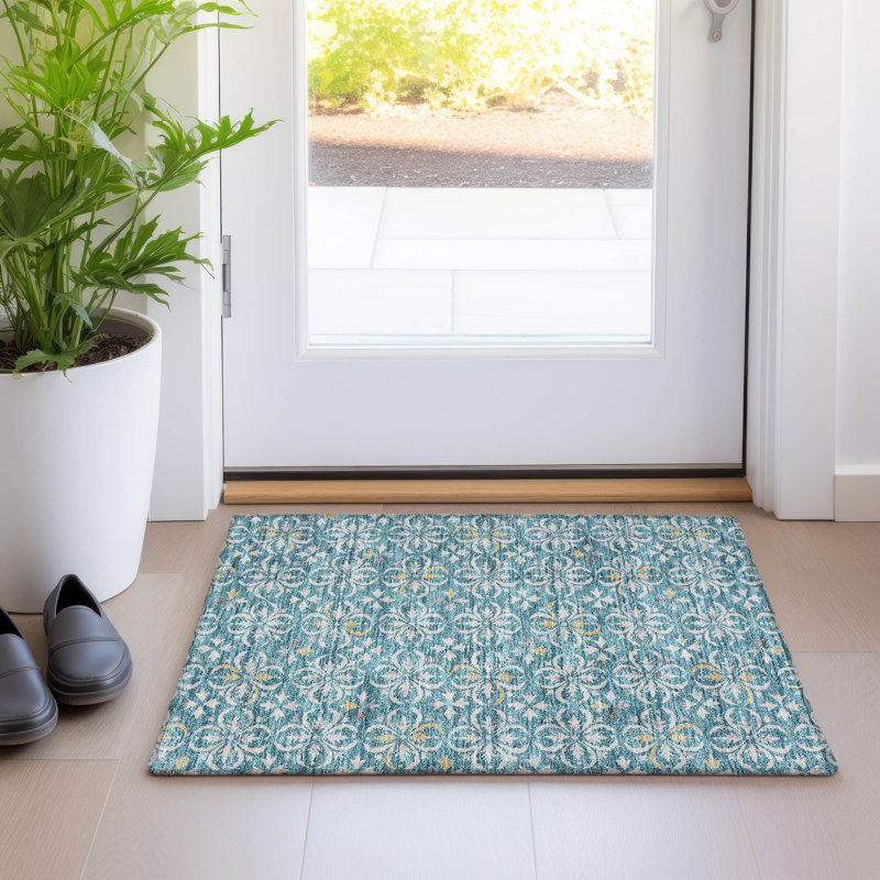 Tapis bleu sarcelle lavable à la machine Premium Prisco, Rectangle 1 pi 8 po x 2 pi 6 po