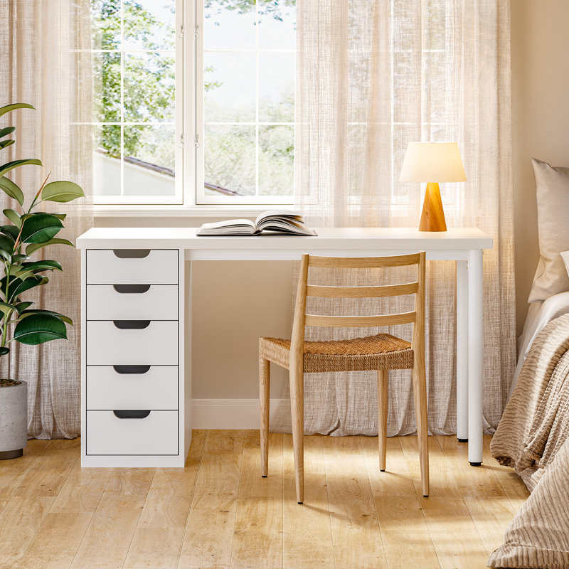 Bureau d'ordinateur 47 pouces avec 5 tiroirs , Blanc / blanc