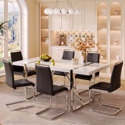7-Piece Modern High-Gloss Manufactured Wood Dining Table Set with Faux Leather Cantilever Chairs