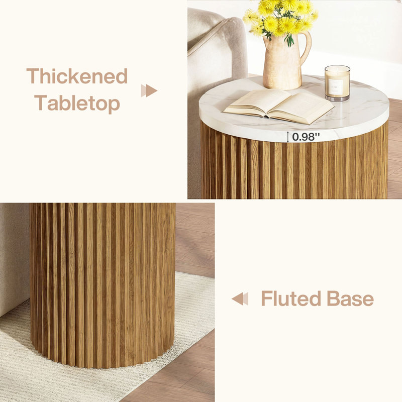 Table d'appoint ronde avec plateau en faux marbre et base cannelée, ensemble de 2, 1