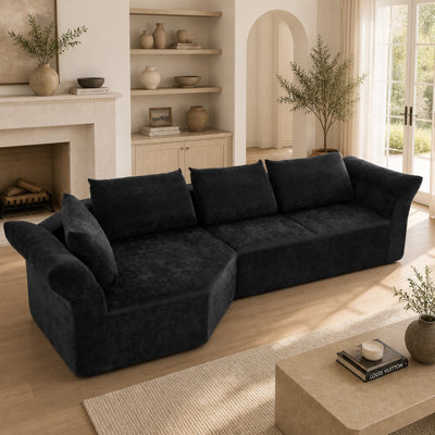 Modern Modular Curved Sectional Sofa, Deep Seat Fuzzy Fabric L-Shape Couch with Pillows, Left Arm Facing - Black