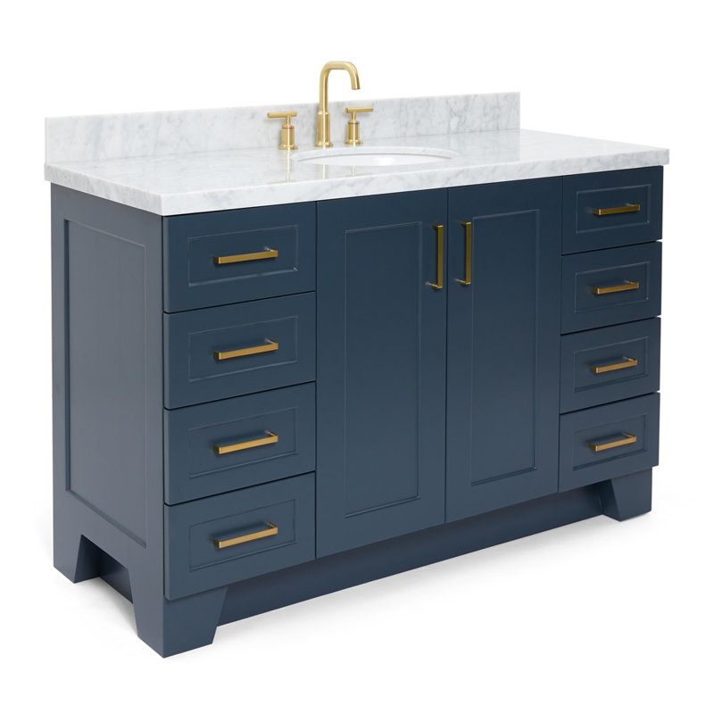 Meuble-lavabo simple en bois massif de 55 po de couleur bleu nuit avec plateau en marbre de Carrare de 1,5 po Freitas, évier ovale central