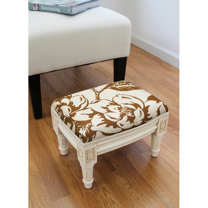 Camary Upholstered Ottoman, White, Caramel Magnolia Linen Blend