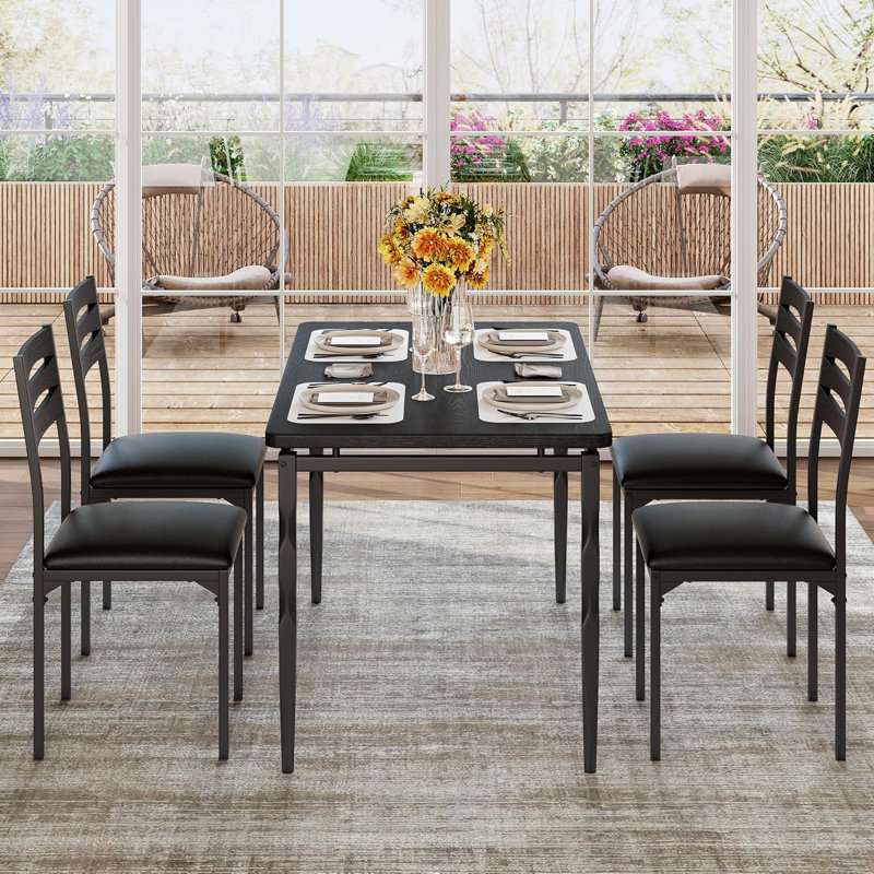 5-Piece Dining Table Set, Metal and Wood Construction, Table for 4 , Industrial Style for Kitchen and Dining Room, Gray Finish
