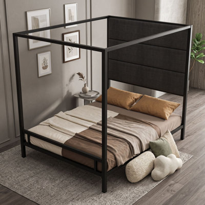 Metal Canopy Bed with Upholstered Headboard