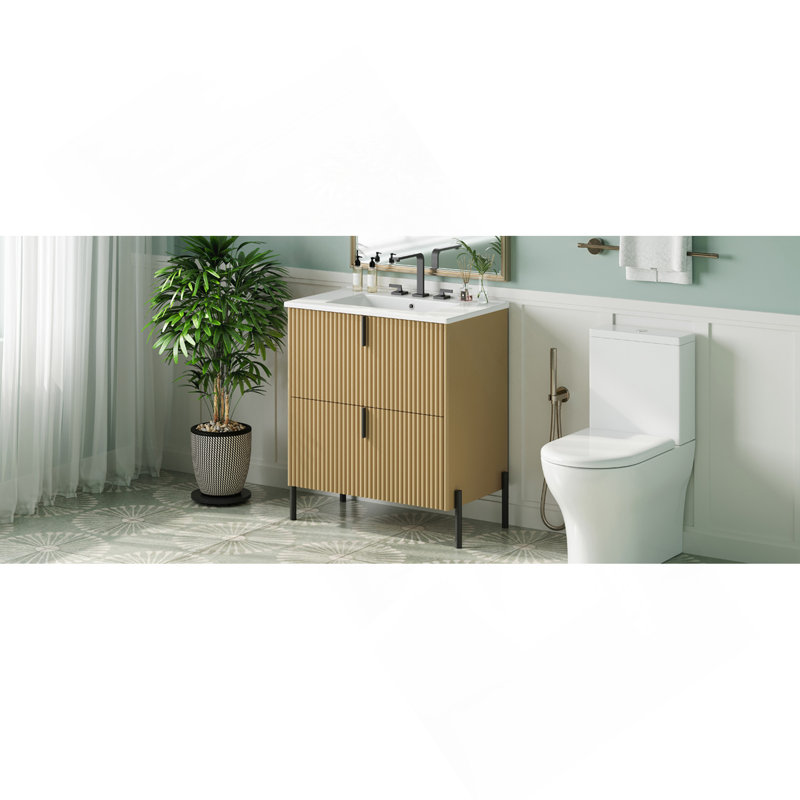 Meuble-lavabo de 30 po avec lavabo en céramique, équipé de poignées verticales et de tiroirs pleine extension, meuble-lavabo autoportant avec glissières de tiroir à fermeture en douceur, conception cannelée, naturel