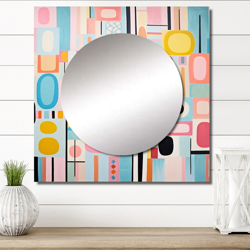 Rose Mid Century Playful Patterns V - Grand miroir carré abstrait pour décoration murale, 23 po x 23 po