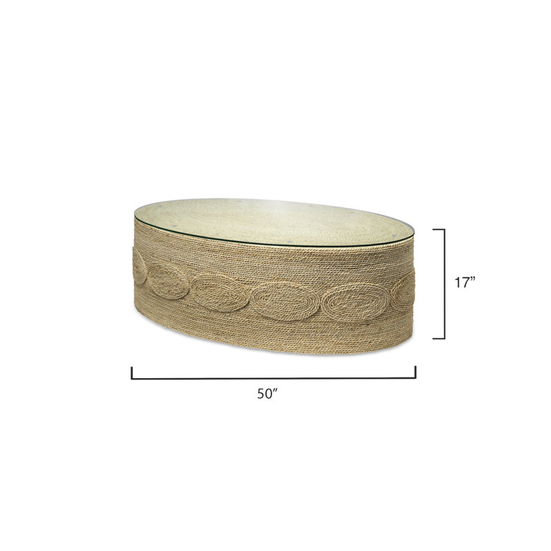 Oval Handwoven Corn Straw Rope Coffee Table with Glass Top