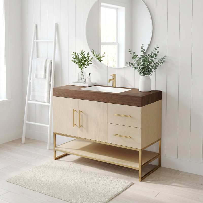 Meuble-lavabo autoportant de 36 pouces avec lavabo en céramique intégré et détails métalliques, Gold/White, Brown