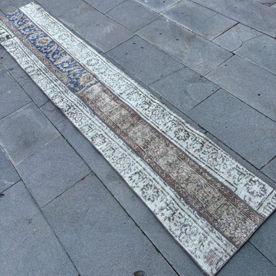 Hand-Knotted Turkish Patchwork Runner Rug in Beige Wool for Corridors and Hallways