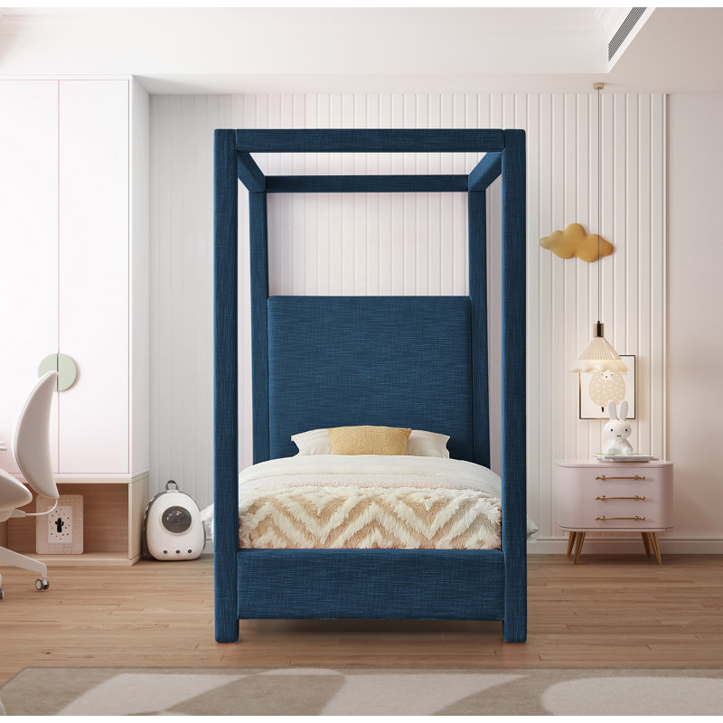 Bois massif Dunwich et plateforme rembourrée, Velours marine, Simple